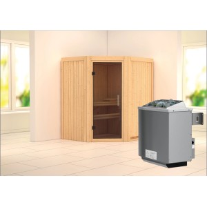 Sauna Karibu Tjorven con stufa e porta in vetro grafite, sauna angolare in legno con stufa.