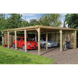 Weka Carport doppio tetto piatto 618 Gr. 3 con due auto e una persona con una bicicletta.