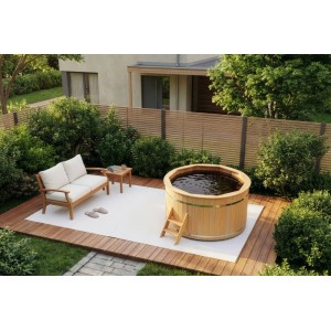Bain nordique en bois Finntherm Bergen (Ø 180 cm) dans le jardin avec échelle et coin salon.
