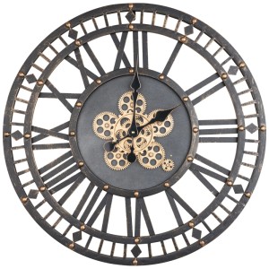 Globo Wanduhr George, Ø 70cm, schwarzes Metall, mit sichtbaren Zahnrädern. Vintage-Stil für Wohnzimmer.
