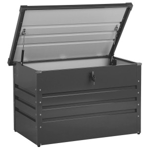 Box contenitore Beliani Cebrosa in acciaio grigio grafite aperta, 64x100x62 cm. Box universale con serratura.