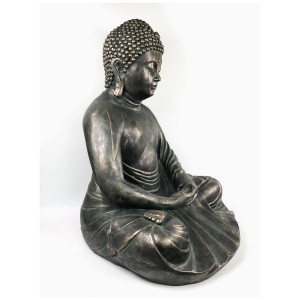 Meditierender Buddha für den Garten, Bronze-Optik, detailreiche Gartendekoration.