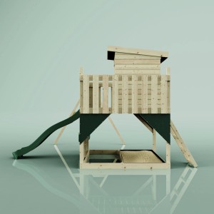 Torre gioco PolarPlay Björn con altalena per bambini, scivolo e sabbiera. Legno naturale, accenti verde scuro.