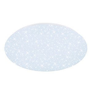 Plafonnier LED blanc avec décor étoilé, dimmable avec télécommande.