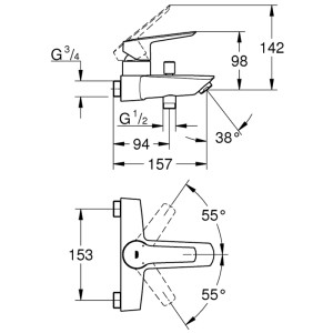 Disegno tecnico: Miscelatore monocomando per vasca Grohe Start, nero opaco, con dimensioni.