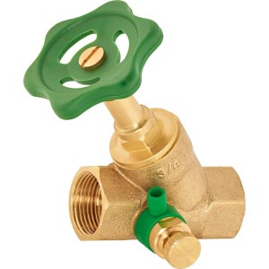 Robinet d'équerre en laiton 24,1 mm (Rp 3/4) avec volant vert pour réguler le débit.