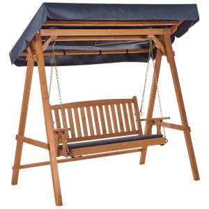 Dondolo da giardino rustico in legno di abete marrone con tettuccio scuro e cuscino abbinato.