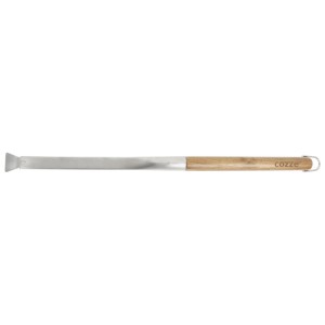 Brosse en acier Cozze (63 cm) pour grilles de barbecue et fours à pizza avec manche en bois et grattoir.
