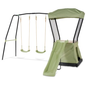 Exit Torre gioco Ivy con scivolo, doppia altalena e tenda gioco in verde e nero.
