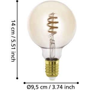 Eglo LED-Leuchtmittel connect.z G95 E27 mit bernsteinfarbenem Glas und spiralförmigem Filament. Smart dimmbar, 14xØ9,5 cm.