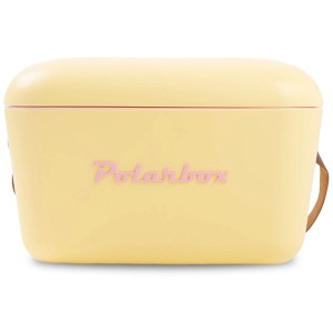 Gelbe Polarbox Kühlbox Retro mit rosa Logo und braunem Trageriemen, 20 Liter.