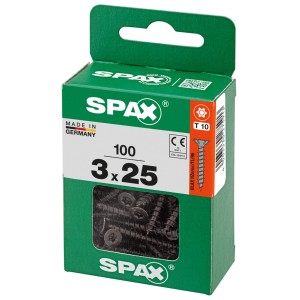 Vis universelles Spax 3x25 mm, zinguées noires, 100 pièces dans une boîte verte.