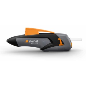 Pistolet à colle chaude Steinel Mobileglue 1007-S, appareil sans fil gris et noir avec accents orange.