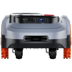Robot tondeuse Navimow i220E avec capteur LiDAR, vue de face. Gris avec roues orange.
