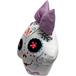 Figura decorativa LED Halloween teschio donna bianco/nero con fiocco viola.