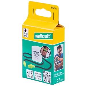 Wolfcraft bouchons d'oreille réutilisables avec cordon, Ø 8-10 mm, dans un emballage jaune-vert.