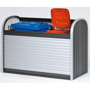 Biohort StoreMax 160 coffre de jardin gris foncé métallisé avec deux poubelles.