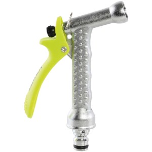 Pistolet à eau chromé Gartec, arroseur avec poignée jaune et jet réglable.