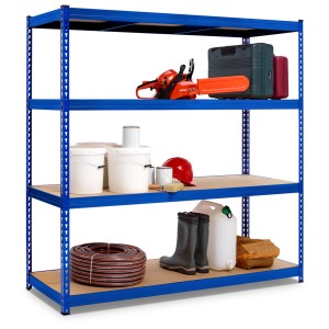 Scaffale per carichi pesanti Robus 400 blu con quattro ripiani, carico di utensili e accessori.