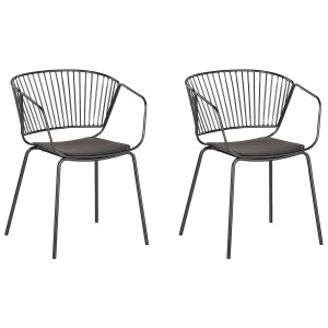2er-Set Esszimmerstühle Rigby, schwarzes Metallgestell, graue Kunstleder-Sitzkissen.