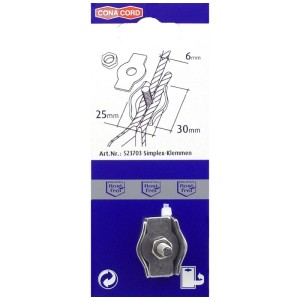 Verpackung einer Simplex-Klemme aus Edelstahl für Seile bis 6 mm. Rostfrei und ideal für Outdoor-Anwendungen.