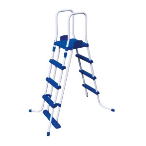 Scaletta per piscina 122 cm con gradini blu e bianchi e struttura in metallo.