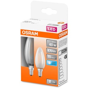 2er-Pack Osram LED E14 Leuchtmittel in Kerzenform, Filament matt, Kaltweiss, 40W, 470lm.