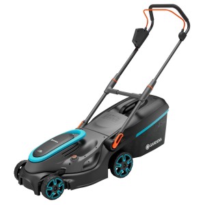 Gardena PowerMax 37/36V tosaerba a batteria con batteria e caricabatterie. Tosaerba in nero e turchese.