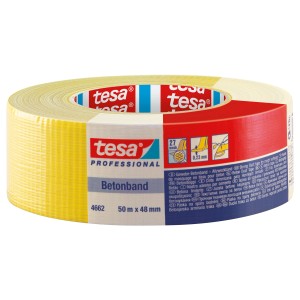 Ruban béton Tesa jaune en tissu, 50 m x 48 mm, pour surfaces rugueuses intérieures et extérieures.