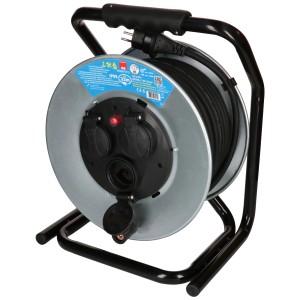 Enrouleur de câble en acier Max Hauri, 33m, avec 3 prises et protection IP55, sur un cadre tubulaire double noir.
