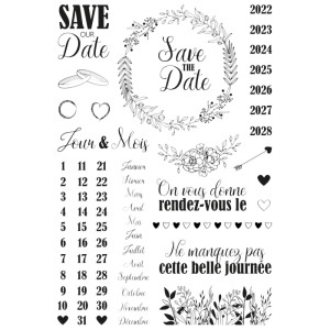 Set de tampons Aladine "Save the Date" avec motifs pour invitations de mariage et papeterie.
