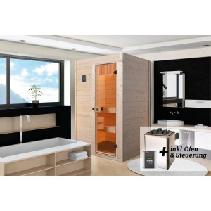 Sauna en bois massif Weka Valida avec porte en verre et ensemble de poêle 4,5 kW dans la salle de bain.