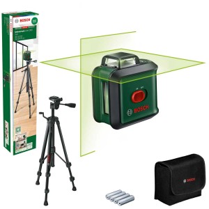 Bosch UniversalLevel 360 Kreuzlinienlaser Set mit Stativ, Batterien und Tasche.