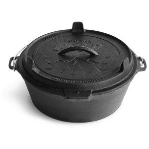 Schwarzer Burnhard Dutch Oven aus Gusseisen, 5,6 l, mit Deckel und Tragegriff. Grillutensil für Lagerfeuer.