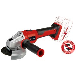 Meuleuse d'angle sans fil Einhell AXXIO 18/125 Q (sans batterie). Outil électrique rouge et argent avec poignée supplémentaire.