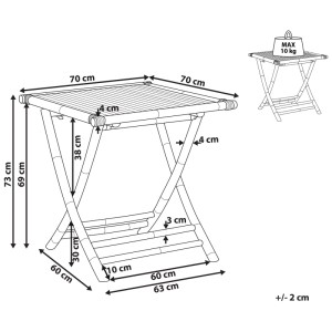 Klappbarer Beliani Outdoor-Bistrotisch Molise aus braunem Bambus, 73x70x70 cm, mit Maßen und Faltfunktion.