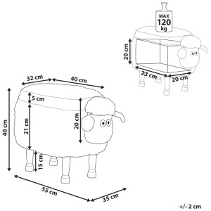 Schéma : Tabouret de rangement Mouton gris, dimensions et capacité de charge.
