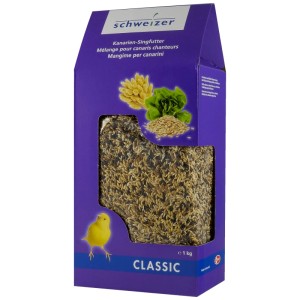Eric Schweizer Mangime per canarini 1 kg in scatola viola con finestra e canarino giallo.