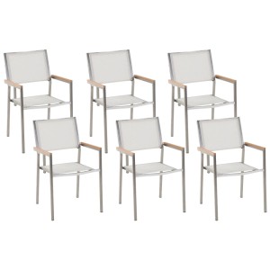 Six chaises de jardin Grosseto blanches en acier inoxydable avec accoudoirs en bois synthétique. Ensemble empilable.