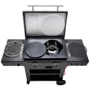 Grill a gas Char-Broil Versa-Tile con piastra e griglia, versatile e mobile.