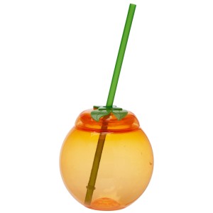 Gobelet orange en plastique avec paille, 9x17cm. Vaisselle pour enfants.