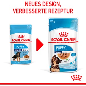 Royal Canin Maxi Puppy cibo umido, busta da 140g per cuccioli di taglia grande. Nuovo design, ricetta migliorata.
