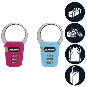 Master Lock Zahlen-Karabinerschloss, 3-stellig, rund, in Blau und Pink, für Rucksack, Koffer und Sporttasche.