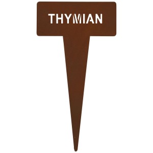 Rostfarbener Kräuterstecker Thymian aus Metall, 15 cm hoch.