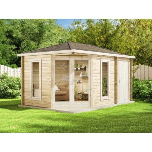 Abri de jardin marron Alpholz Liwa Compact avec toit en pavillon dans le jardin.