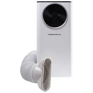 Condizionatore mobile Kibernetik KMO11000 bianco con griglia di ventilazione nera e tubo di scarico.