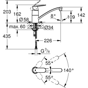 Disegno tecnico: Miscelatore cucina Grohe Eurosmart con dimensioni e raggio di rotazione.