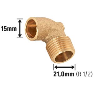 Raccordo a gomito in bronzo rosso, 90 gradi, diametro 15 mm, filettatura esterna 21 mm (R 1/2) per tubi in rame.