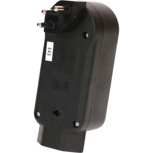 Schwarzer Max Hauri Abzweigstecker Adapt, drehbar, mit T13 Stecker und 4 Steckdosen. Kompakter Zwischenstecker.