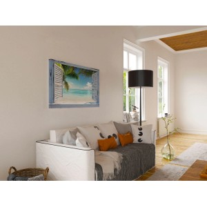 Quadro da parete con motivo finestra sulla spiaggia, 118x70 cm, come elemento decorativo nel soggiorno.